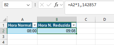 Exemplo de cálculo no Excel de conversão de horas normais em horas noturnas reduzidas Print de algumas células do Excel apresentando como pode ser feita a conversão de horas normais em horas noturnas reduzidas