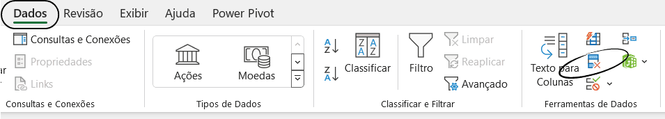 Removendo Duplicados no Excel Print do menu do Excel dando destaque ao menu Dados, opção Remover Duplicadas